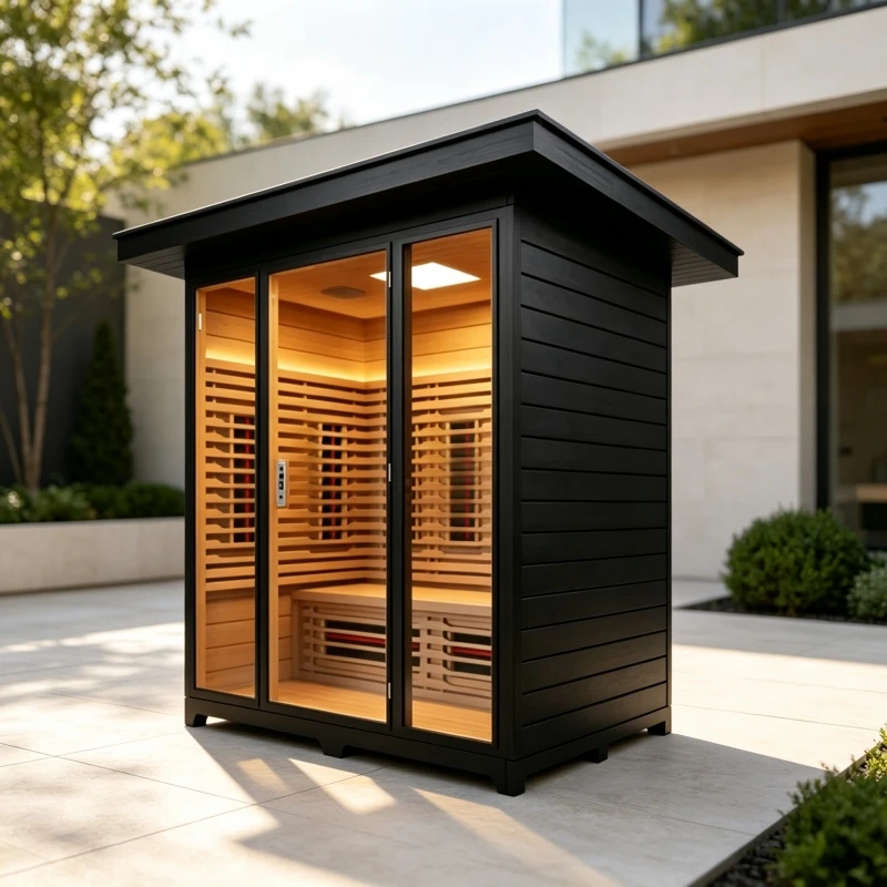Vesper 4 four-person outdoor sauna in a black finish on a contemporary patio