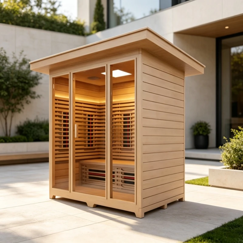 Vesper 4 outdoor sauna in a natural finish on a patio